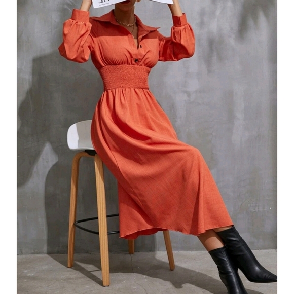 Shirred Waist Solid High Waist Buttoned Dress - Picture 6 of 8